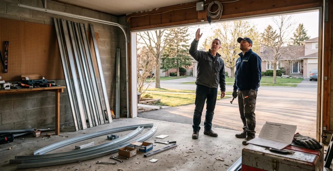 Un propriétaire et un installateur examinent l'ouverture de la porte de garage entourée de rails et de sections de porte au sol.