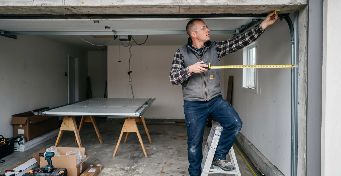 Un installateur mesure la hauteur libre entre le linteau et l'ouverture d'une porte de garage dans un garage résidentiel.