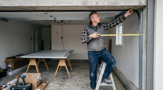 Un installateur mesure la hauteur libre entre le linteau et l'ouverture d'une porte de garage dans un garage résidentiel.
