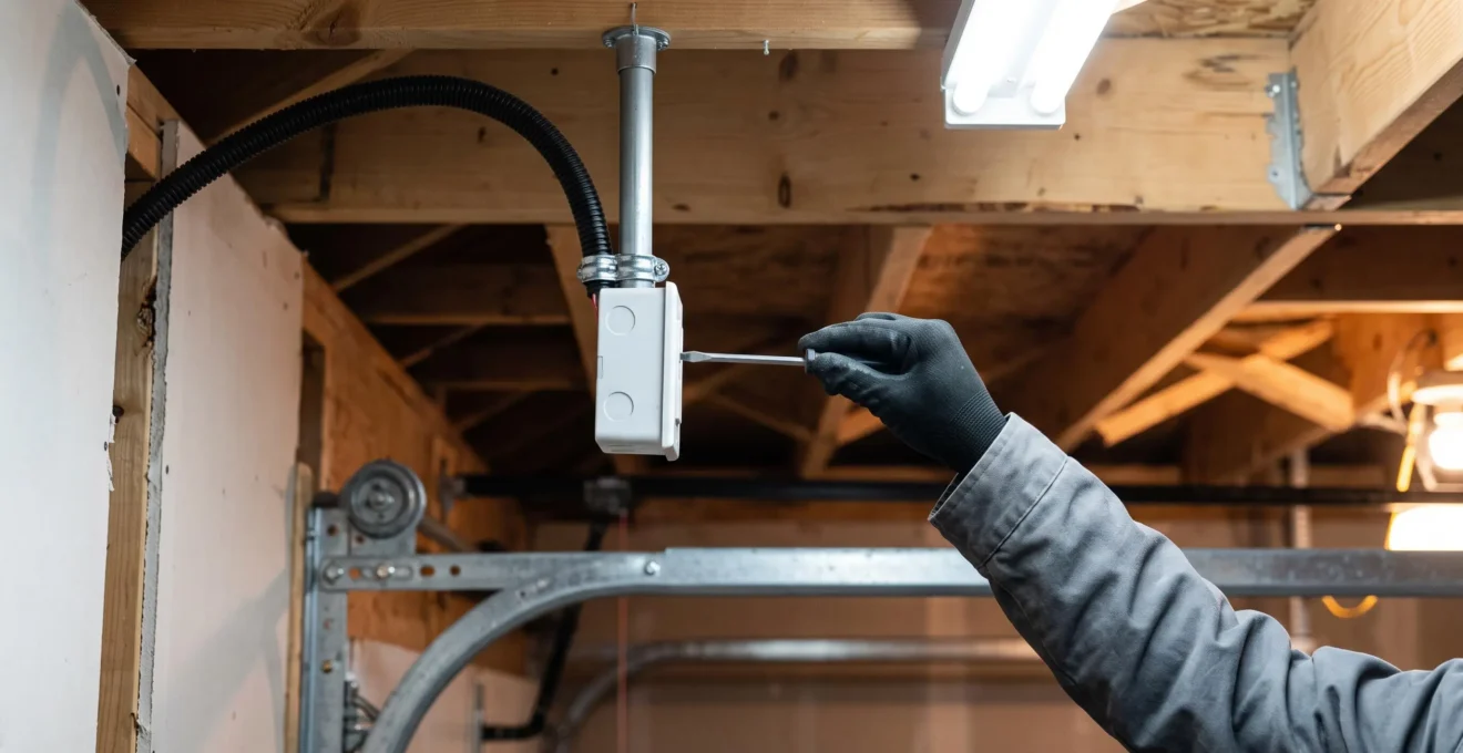 Une main de technicien serre un collier de câble sur une boîte de prise dédiée au futur moteur d'ouvre-porte de garage.
